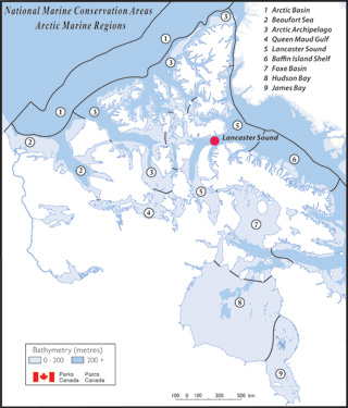 Carte illustrant les neuf rgions marines de l'ocan Arctique canadien, dont le dtroit de Lancaster
