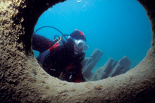 A diver is exploring a shipwreck in Fathom Five